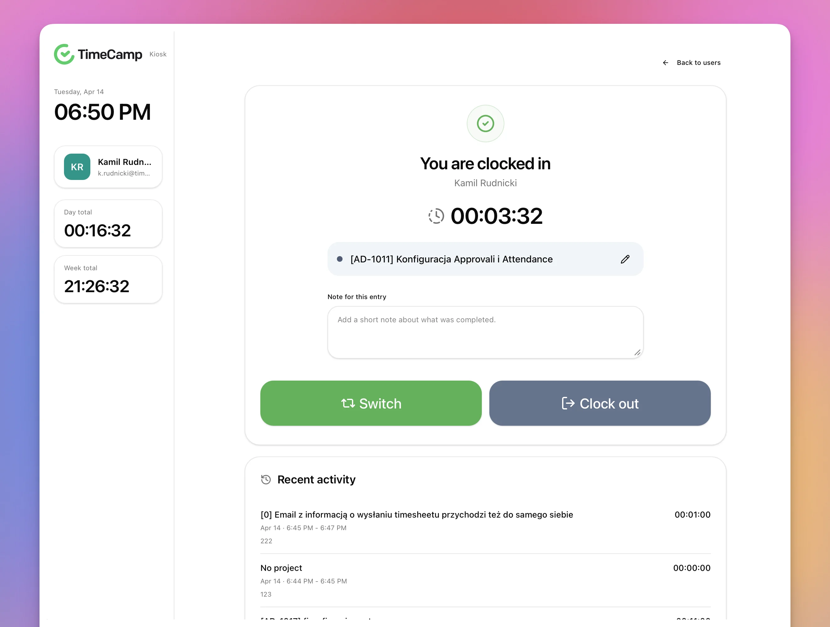 TimeCamp Kiosk screenshot 1 of 1